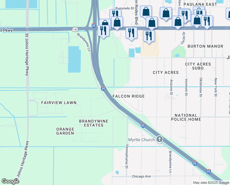 map of restaurants, bars, coffee shops, grocery stores, and more near 2143 Merlin Drive in Melbourne