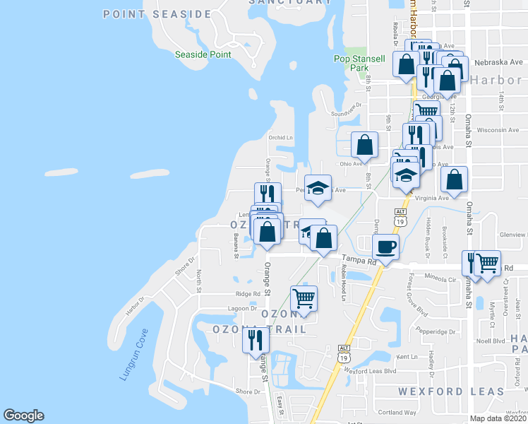 map of restaurants, bars, coffee shops, grocery stores, and more near 495 Orange Street in Palm Harbor