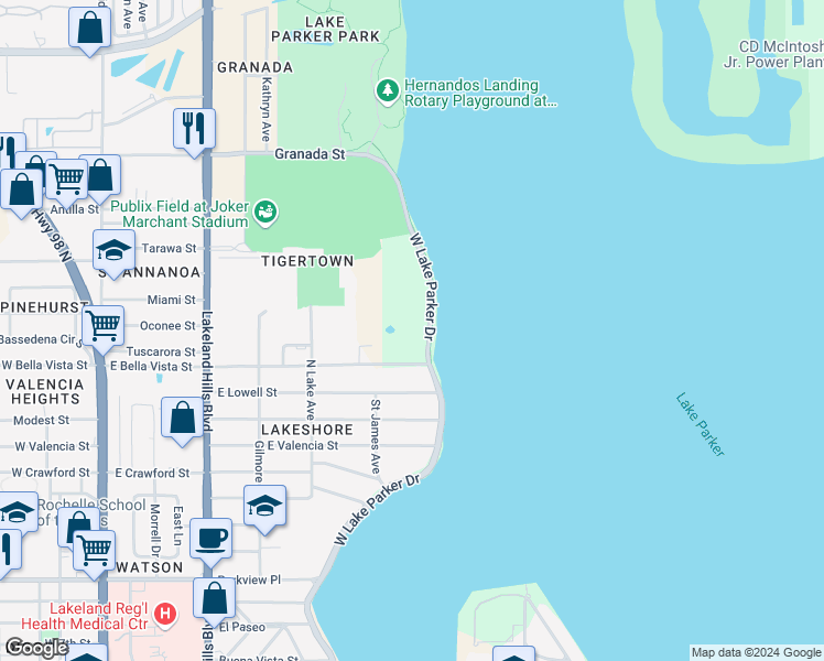 map of restaurants, bars, coffee shops, grocery stores, and more near 2020 West Lake Parker Drive in Lakeland