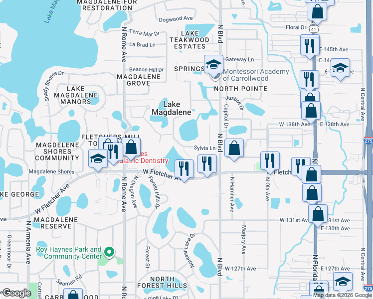map of restaurants, bars, coffee shops, grocery stores, and more near 1004 Sylvia Lane in Tampa