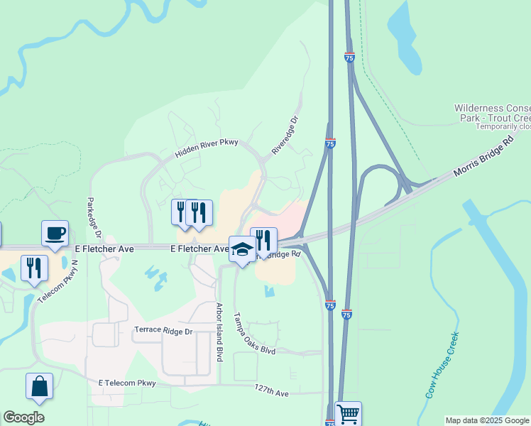 map of restaurants, bars, coffee shops, grocery stores, and more near 13515 Lake Terrace Lane in Tampa