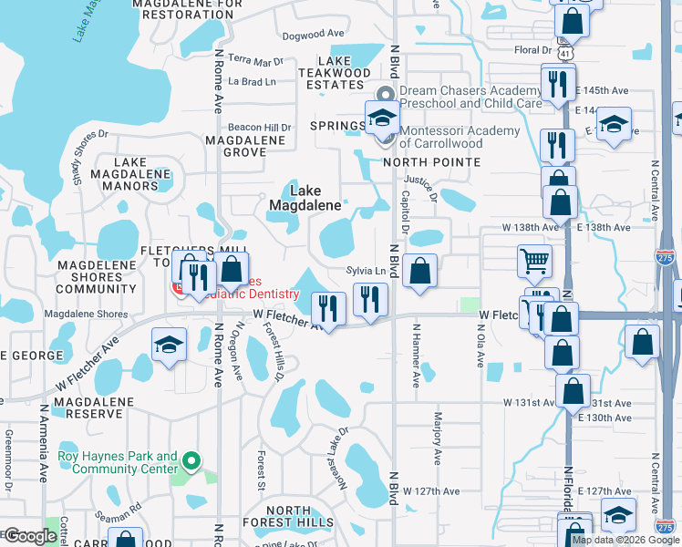 map of restaurants, bars, coffee shops, grocery stores, and more near 1004 Sylvia Lane in Tampa