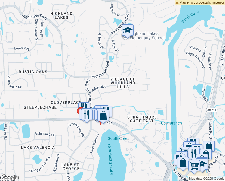 map of restaurants, bars, coffee shops, grocery stores, and more near 3469 Rolling Trail in Palm Harbor