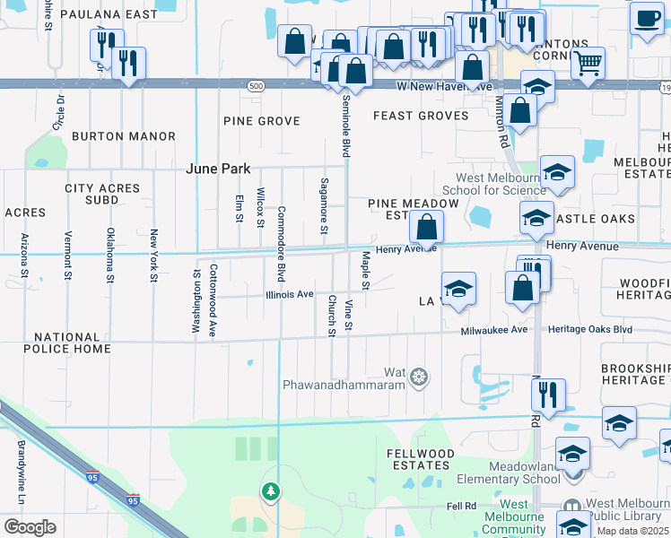 map of restaurants, bars, coffee shops, grocery stores, and more near 436 Church Street in West Melbourne
