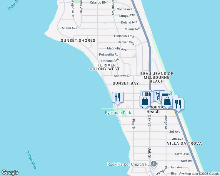 map of restaurants, bars, coffee shops, grocery stores, and more near 705 Riverside Drive in Melbourne Beach