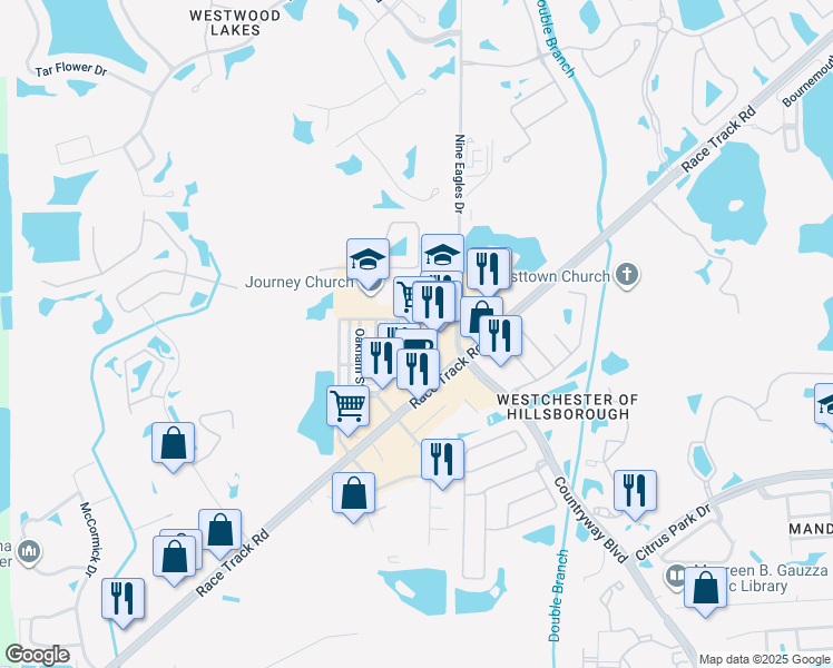 map of restaurants, bars, coffee shops, grocery stores, and more near 13016 Race Track Road in Tampa