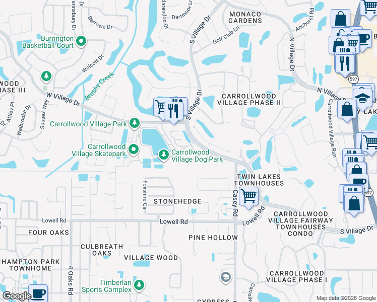map of restaurants, bars, coffee shops, grocery stores, and more near 13608 South Village Drive in Tampa
