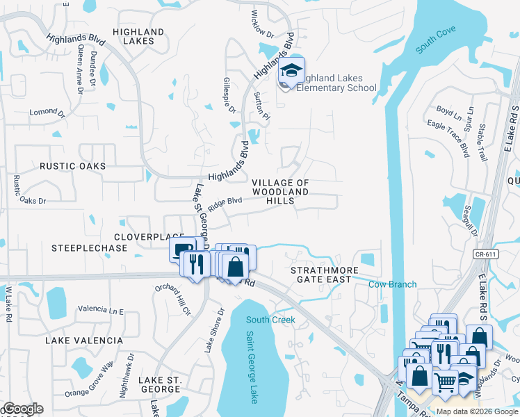 map of restaurants, bars, coffee shops, grocery stores, and more near 3475 Rolling Trail in Palm Harbor