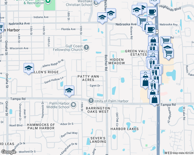 map of restaurants, bars, coffee shops, grocery stores, and more near 2040 Cormorant Drive in Palm Harbor