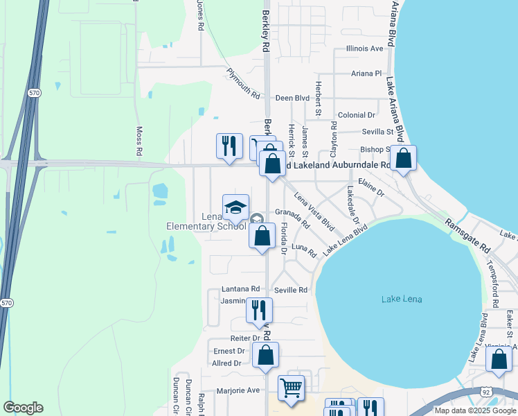 map of restaurants, bars, coffee shops, grocery stores, and more near 980 Berkley Road in Auburndale