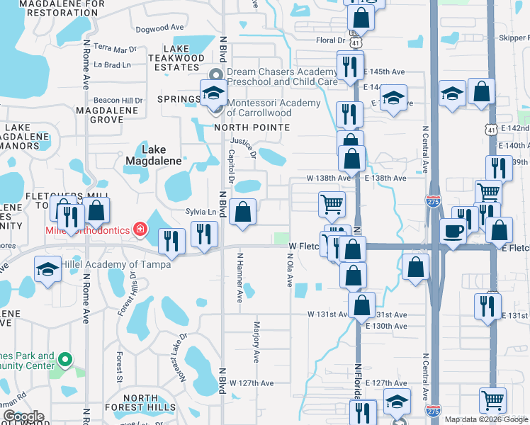 map of restaurants, bars, coffee shops, grocery stores, and more near 808 Proclamation Drive in Tampa