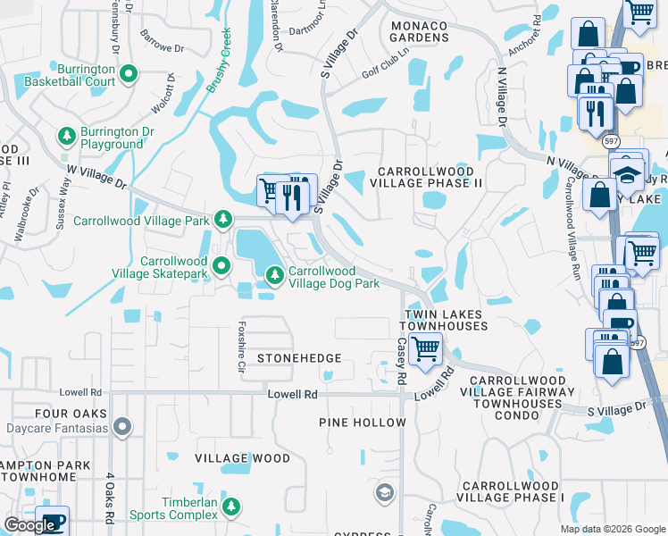map of restaurants, bars, coffee shops, grocery stores, and more near 13608 South Village Drive in Tampa