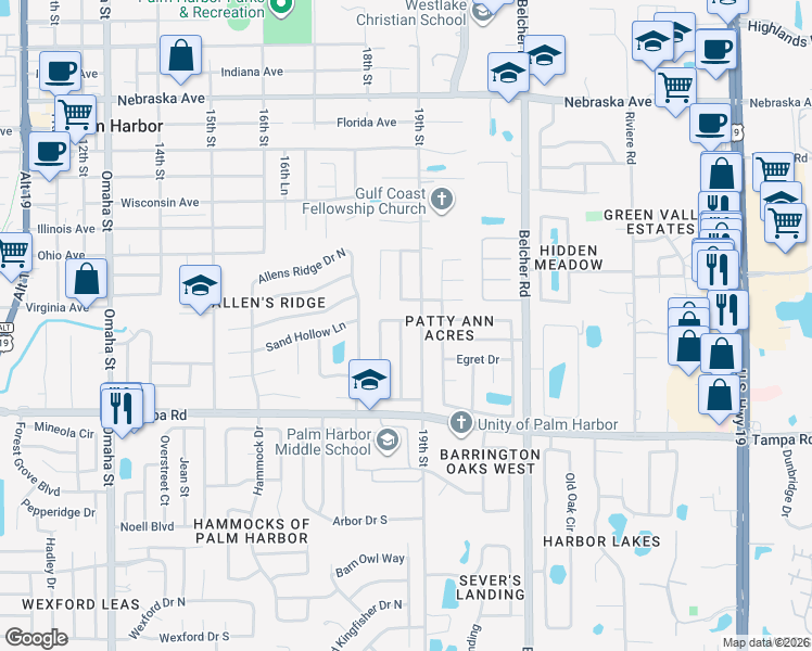 map of restaurants, bars, coffee shops, grocery stores, and more near 1861 Willow Oak Drive North in Palm Harbor