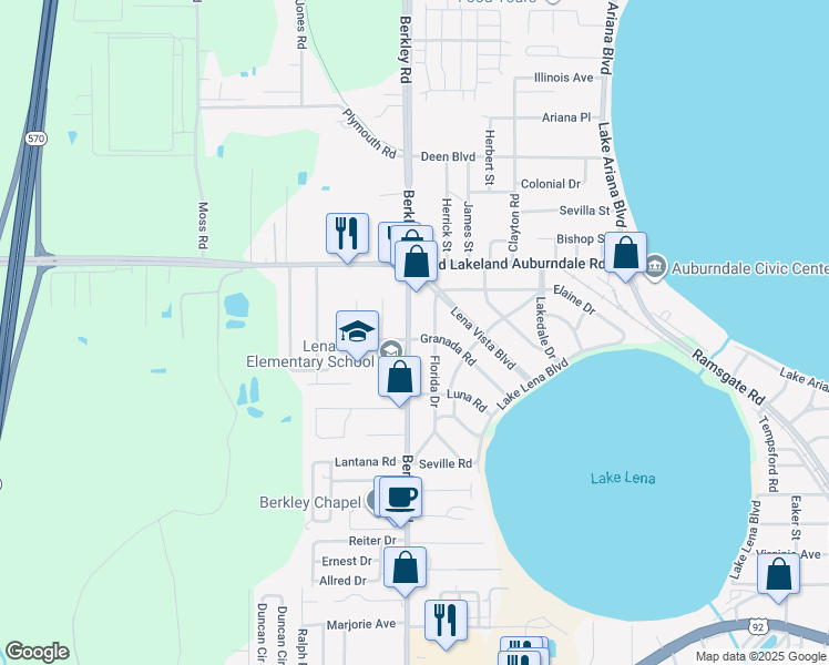 map of restaurants, bars, coffee shops, grocery stores, and more near 980 Berkley Road in Auburndale