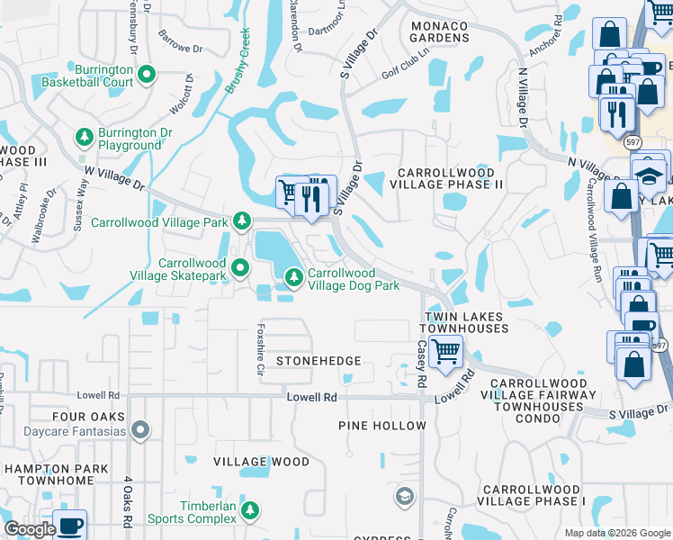 map of restaurants, bars, coffee shops, grocery stores, and more near 13608 South Village Drive in Tampa