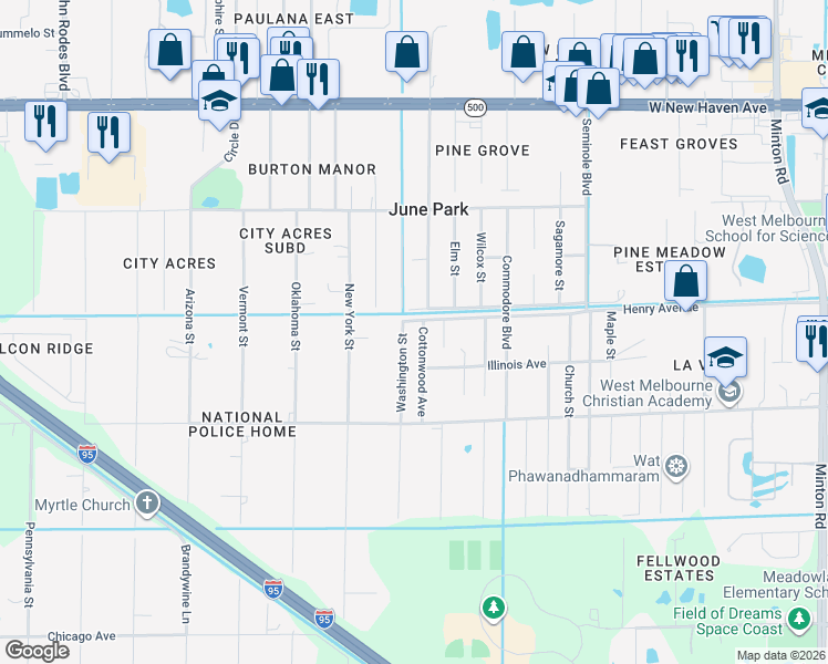 map of restaurants, bars, coffee shops, grocery stores, and more near 2320 Cottonwood Avenue in Melbourne