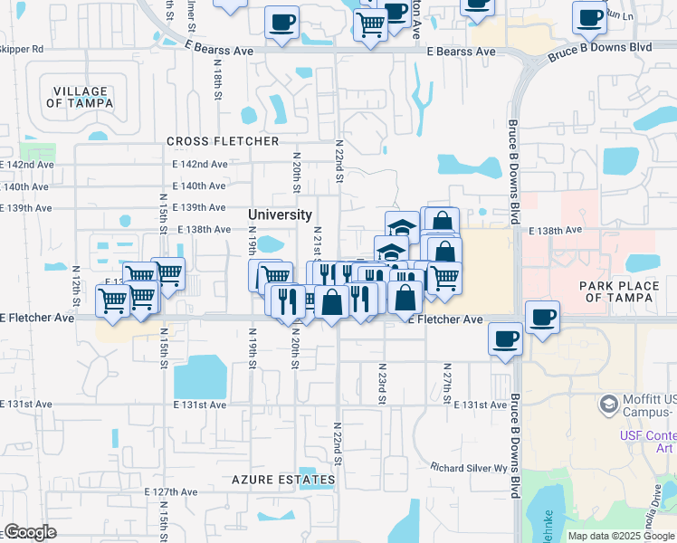 map of restaurants, bars, coffee shops, grocery stores, and more near 13605 North 22nd Street in Tampa