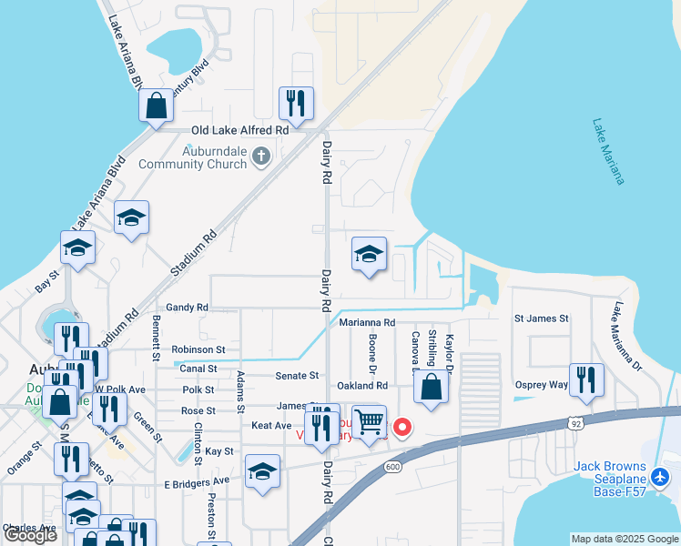 map of restaurants, bars, coffee shops, grocery stores, and more near 141 Dairy Road in Auburndale