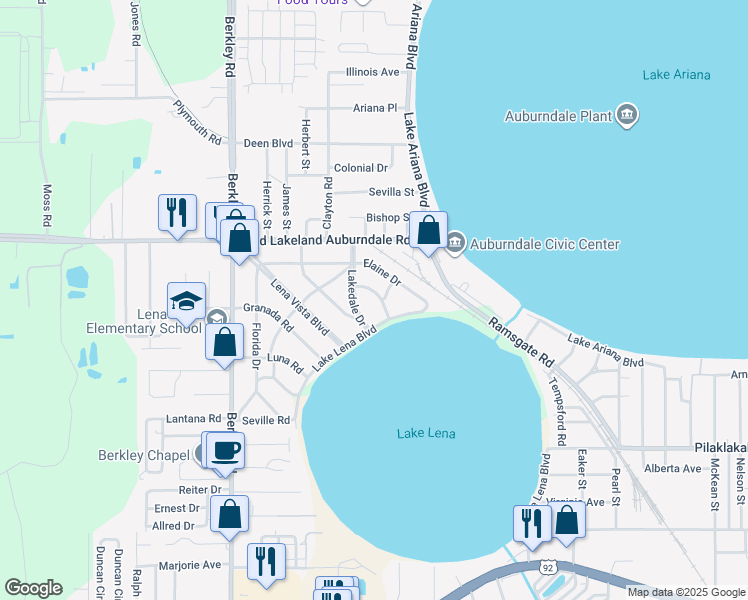 map of restaurants, bars, coffee shops, grocery stores, and more near 109 Palencia Road in Auburndale