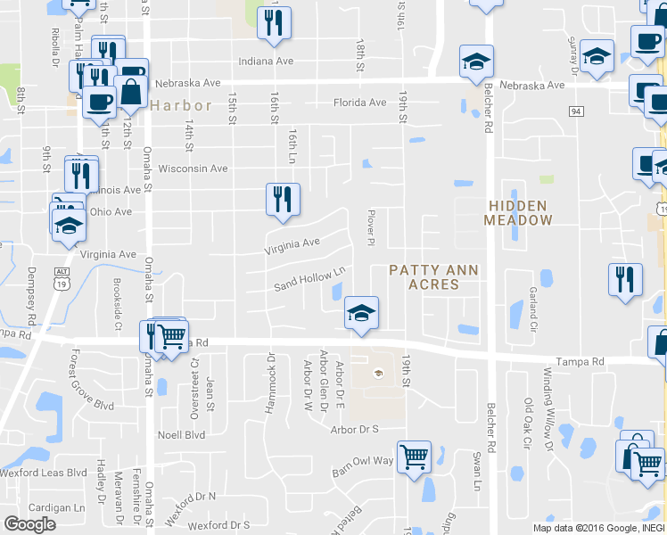 map of restaurants, bars, coffee shops, grocery stores, and more near 1731 Sand Hollow Lane in Palm Harbor