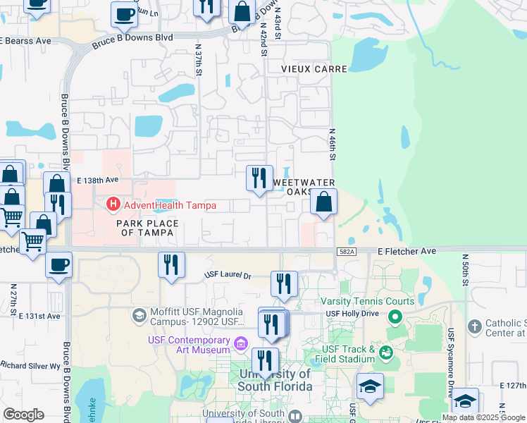 map of restaurants, bars, coffee shops, grocery stores, and more near 13702 North 42nd Street in Tampa