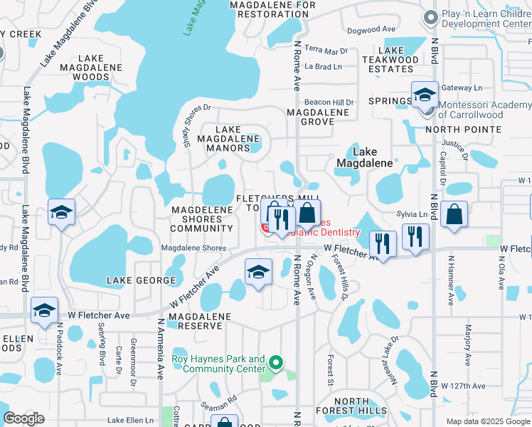 map of restaurants, bars, coffee shops, grocery stores, and more near 1801 Mill Run Circle in Tampa