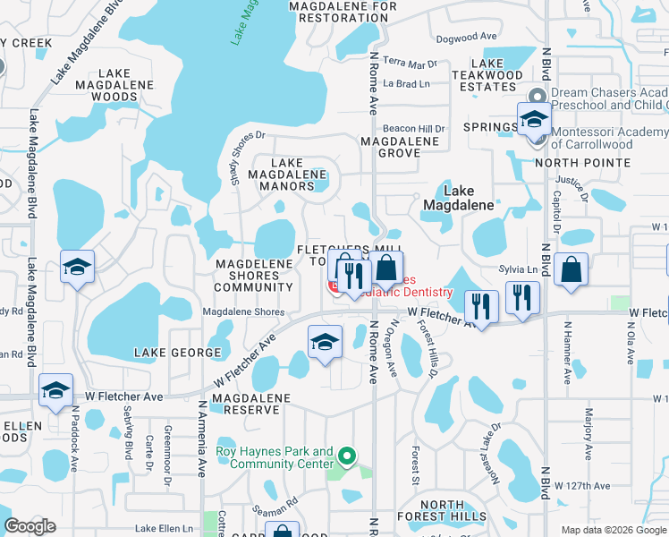 map of restaurants, bars, coffee shops, grocery stores, and more near 1801 Mill Run Circle in Tampa