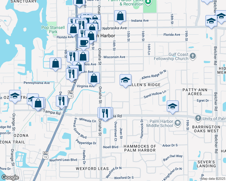 map of restaurants, bars, coffee shops, grocery stores, and more near 1325 Normandy Circle North in Palm Harbor