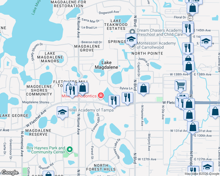 map of restaurants, bars, coffee shops, grocery stores, and more near 1012 Sylvia Lane in Tampa