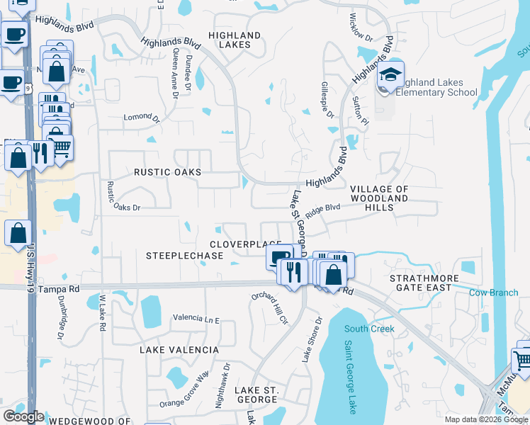 map of restaurants, bars, coffee shops, grocery stores, and more near 3267 Hibiscus Drive in Palm Harbor