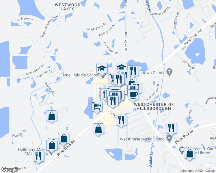 map of restaurants, bars, coffee shops, grocery stores, and more near 14169 Stilton Street in Tampa