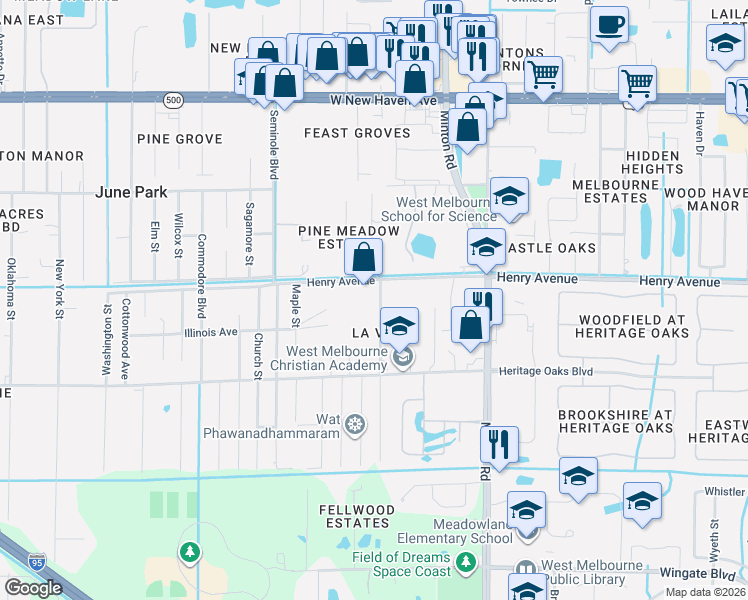 map of restaurants, bars, coffee shops, grocery stores, and more near 439 La Veta Drive in Melbourne