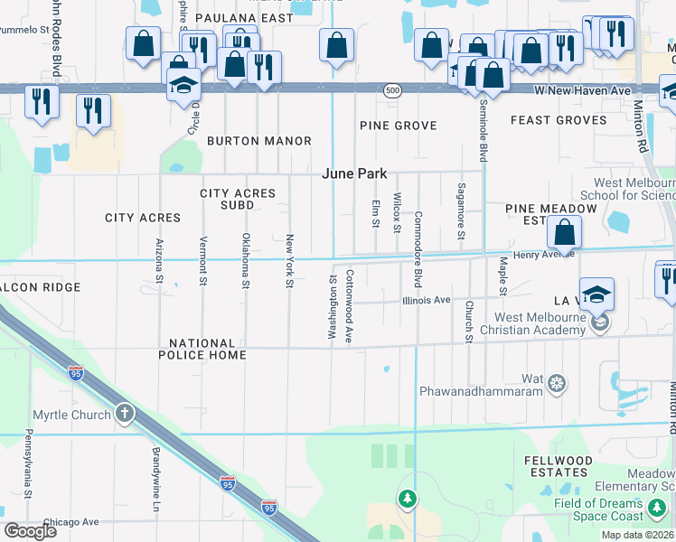 map of restaurants, bars, coffee shops, grocery stores, and more near 2320 Cottonwood Avenue in Melbourne