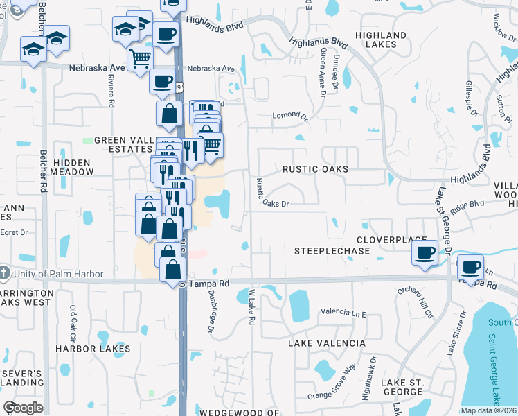 map of restaurants, bars, coffee shops, grocery stores, and more near 2808 Oak Tree Court in Palm Harbor