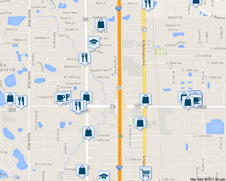map of restaurants, bars, coffee shops, grocery stores, and more near 13608 North Central Avenue in Tampa
