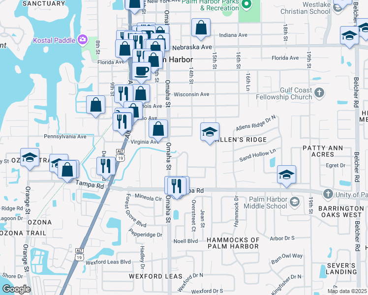 map of restaurants, bars, coffee shops, grocery stores, and more near 1325 Normandy Circle North in Palm Harbor