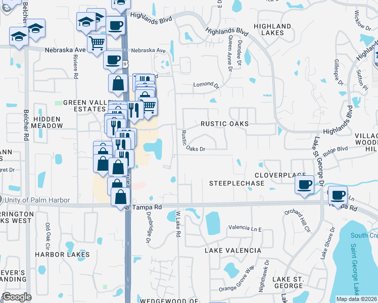map of restaurants, bars, coffee shops, grocery stores, and more near 2816 Rustic Oaks Drive in Palm Harbor