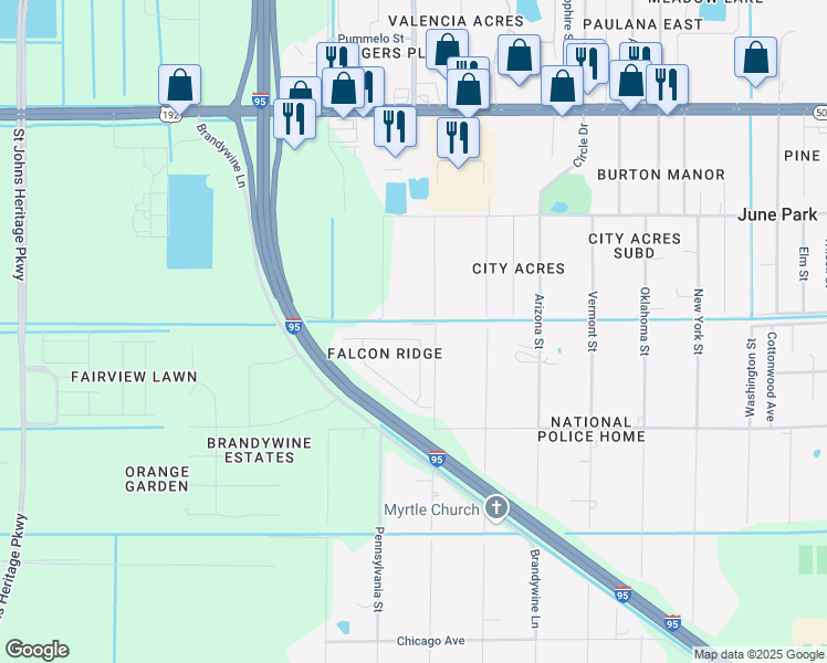 map of restaurants, bars, coffee shops, grocery stores, and more near 2273 Merlin Drive in Melbourne