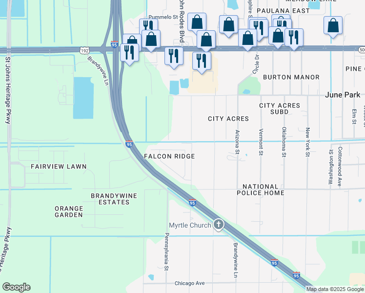 map of restaurants, bars, coffee shops, grocery stores, and more near 2273 Merlin Drive in Melbourne