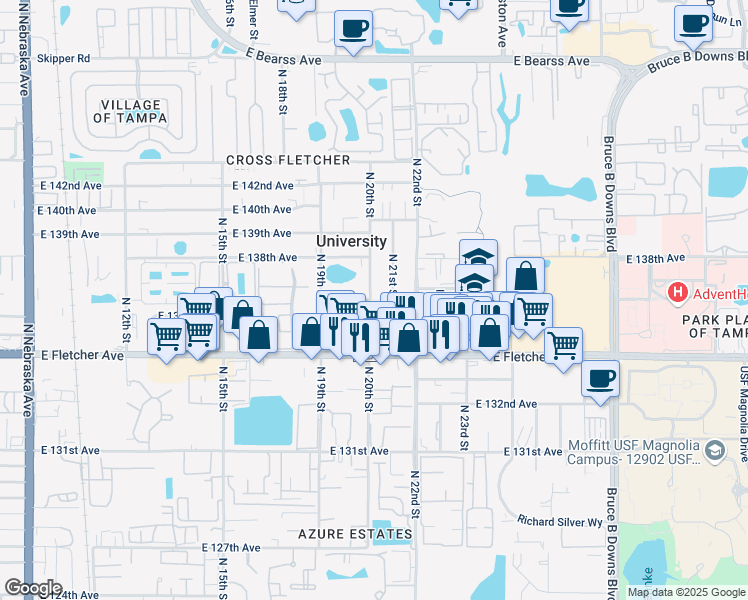 map of restaurants, bars, coffee shops, grocery stores, and more near 13612 North 20th Street in Tampa