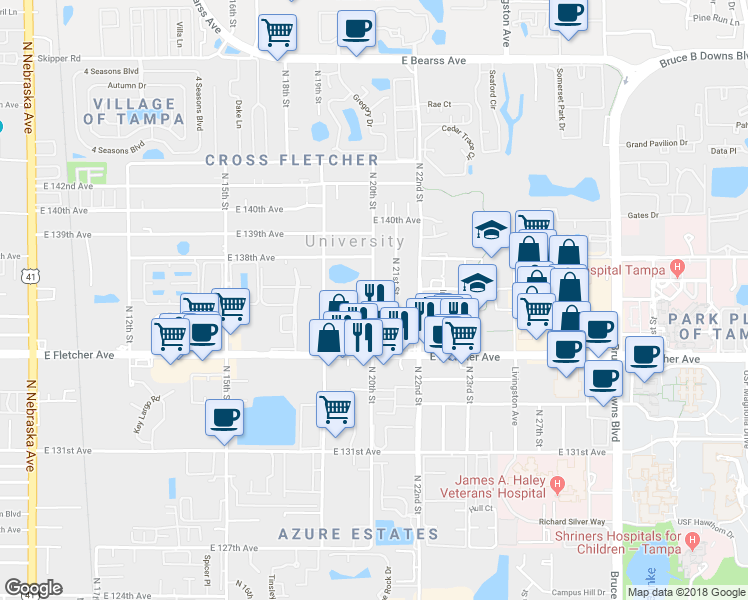 map of restaurants, bars, coffee shops, grocery stores, and more near 13612 North 20th Street in Tampa