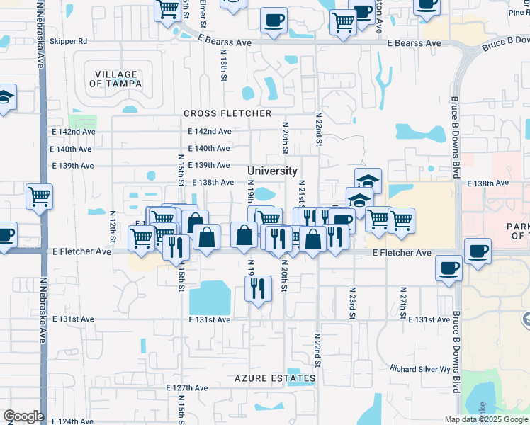 map of restaurants, bars, coffee shops, grocery stores, and more near 13613 North 19th Street in Tampa