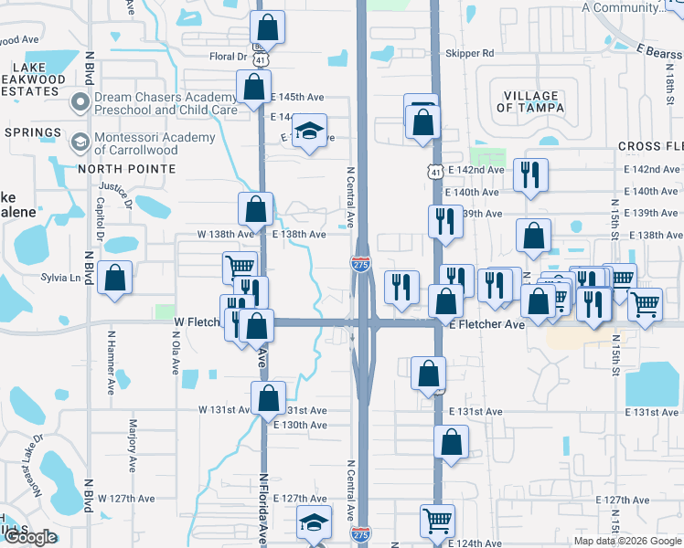 map of restaurants, bars, coffee shops, grocery stores, and more near 13608 North Central Avenue in Tampa