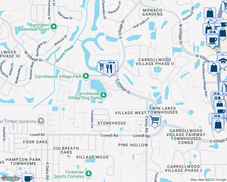 map of restaurants, bars, coffee shops, grocery stores, and more near 13608 South Village Drive in Tampa