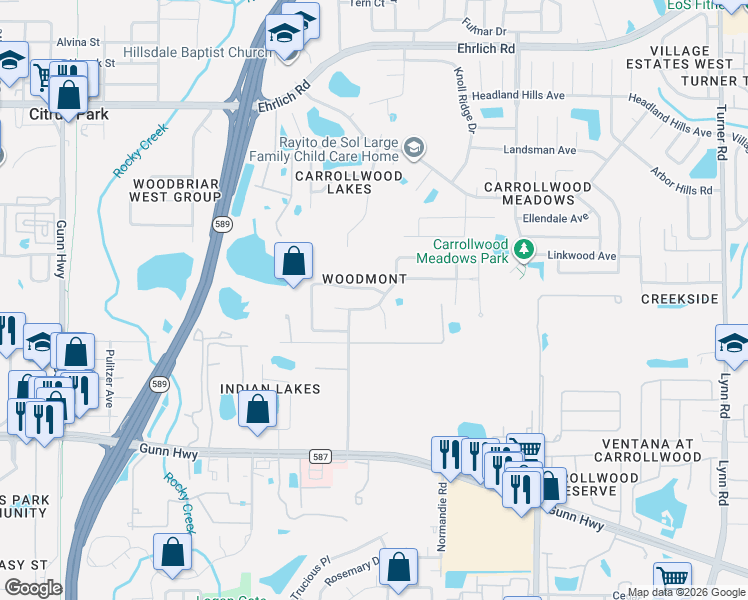 map of restaurants, bars, coffee shops, grocery stores, and more near 5605 Pine Bay Drive in Tampa