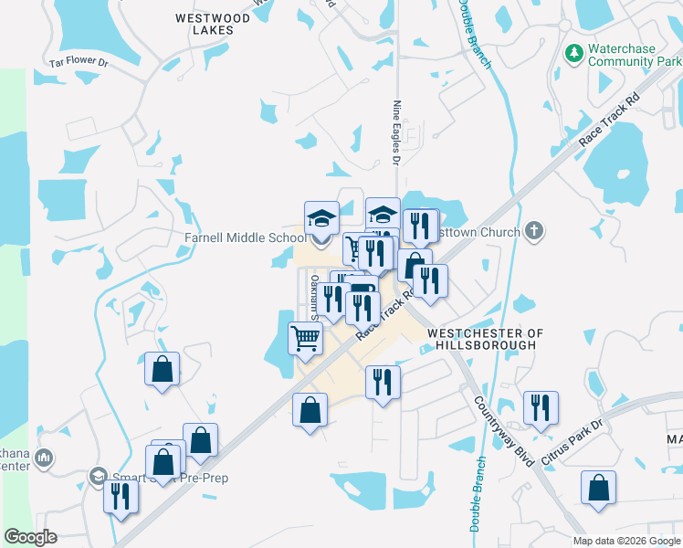 map of restaurants, bars, coffee shops, grocery stores, and more near 13016 Race Track Road in Tampa