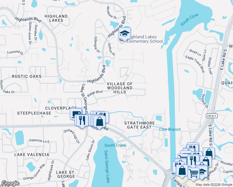 map of restaurants, bars, coffee shops, grocery stores, and more near 3475 Rolling Trail in Palm Harbor
