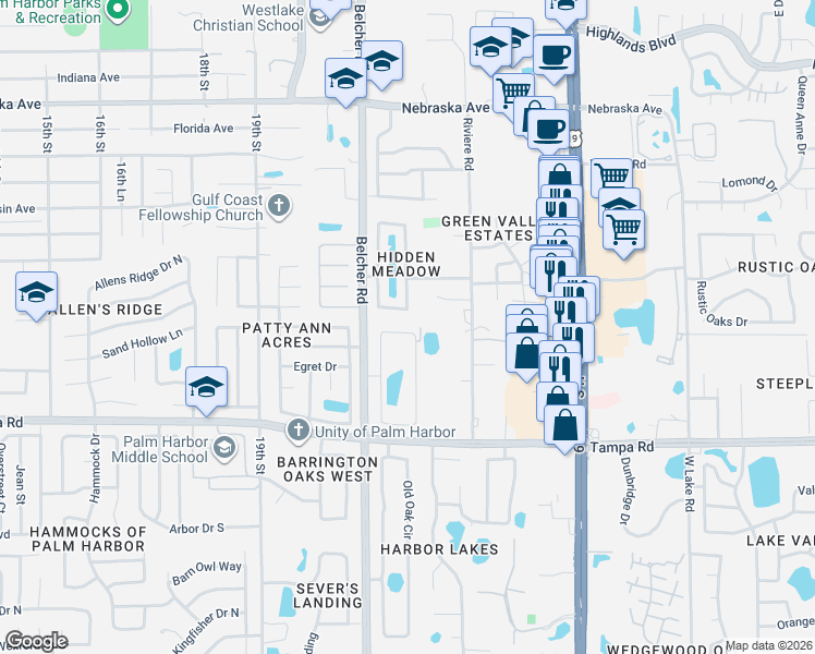 map of restaurants, bars, coffee shops, grocery stores, and more near 156 Garland Circle in Palm Harbor