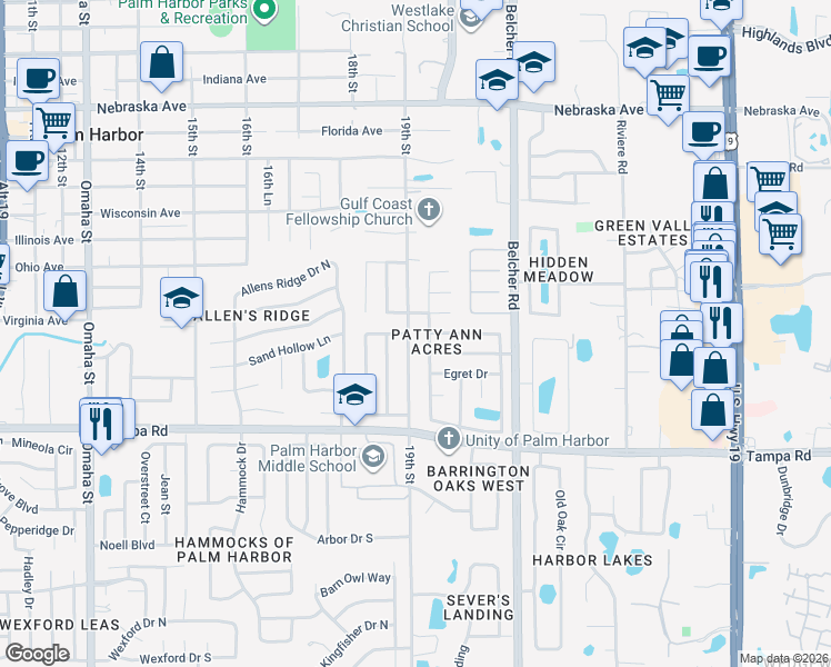 map of restaurants, bars, coffee shops, grocery stores, and more near 1861 Willow Oak Drive North in Palm Harbor