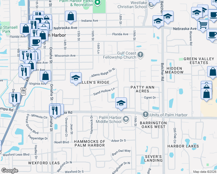 map of restaurants, bars, coffee shops, grocery stores, and more near 1731 Sand Hollow Lane in Palm Harbor